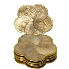 8 Vtg Capiz Shell Mother of Pearl Flower Shaped Cork Backed Coaster Golden Color