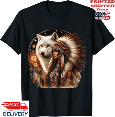 Indian Native American Woman With White Wolf Vitage Gifts T-Shirt, Unisex Tee