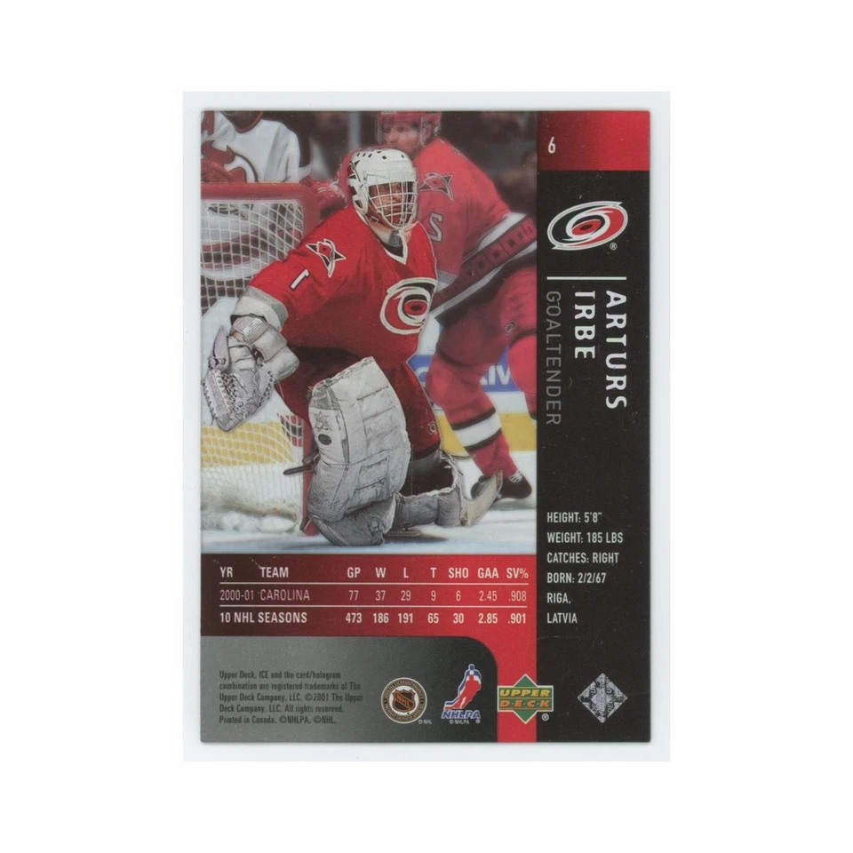 Arturs Irbe 2001 Upper Deck Ice #6 Carolina Hurricanes Hockey Card NM - Image 2 of 3