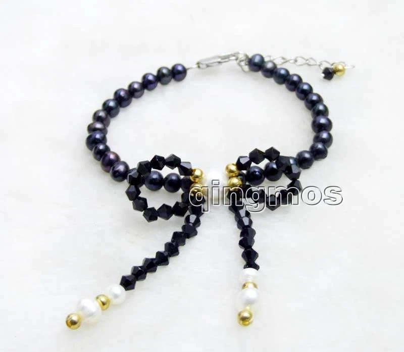 Brazalete colgante con moño de perlas negras de 5-6 mm para mujer brazalete de perlas concha de 7,5"" Foto 3 de 4