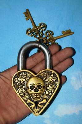 Skull Design Padlock Brass Handmade Victorian Style Heavy Safety  