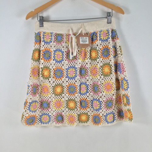 NEW Ghanda crochet skirt large womens knit floral check stretch mini 102420