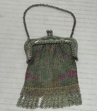 Antique Art Deco Metal Mesh Mini Handbag Purse Chainmail Silver Floral