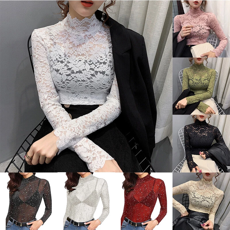 Women Turtleneck Lace Long Sleeve Top Pullover Slim Fit Sexy Black Hollow Blouse