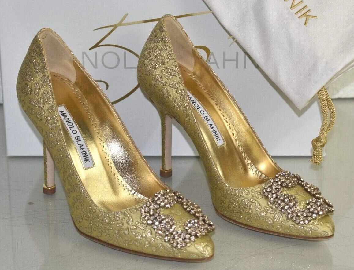 NEW Manolo Blahnik HANGISI 105 Jacquard Gold Pump Jewel 50th