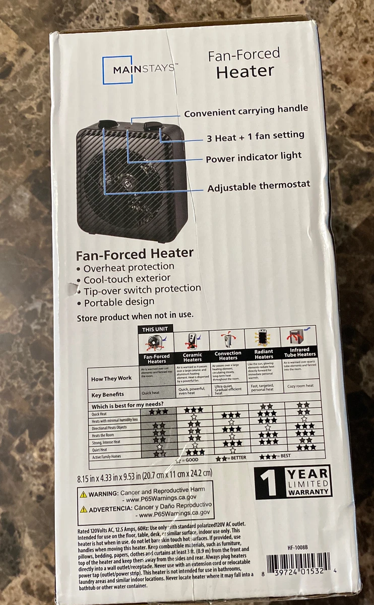 Mainstays 1500W 3-Speed Electric Fan-Forced Space Heater, HF-1008B, Black |  eBay