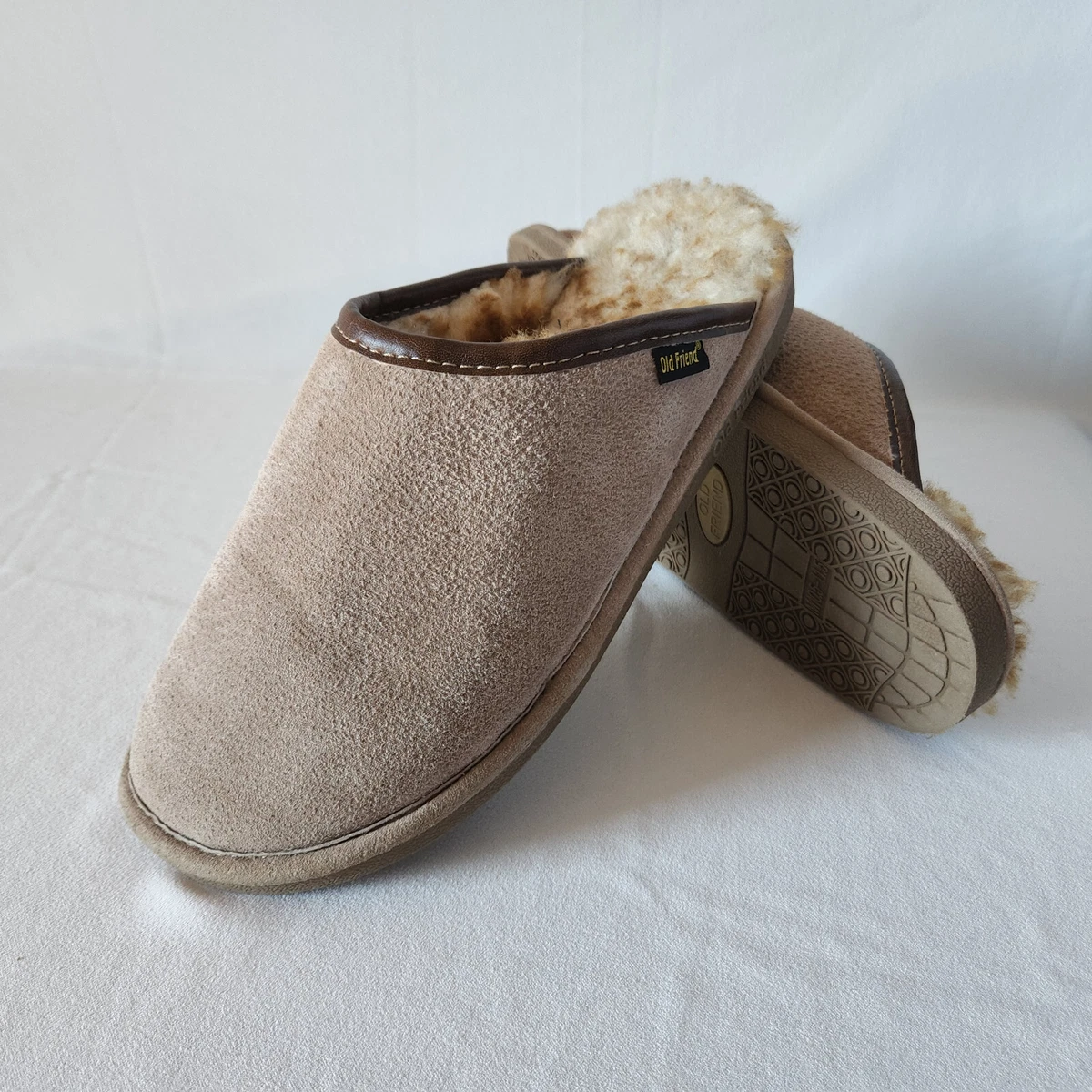 Old Friend Scuff Sheepskin Suede Slipper Padded Footbed Brown Men