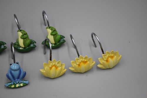 Green Blue Frogs Toads Lily Pads Shower Curtain Hooks Set Of 10 Replacement HTF - Picture 7 of 9
