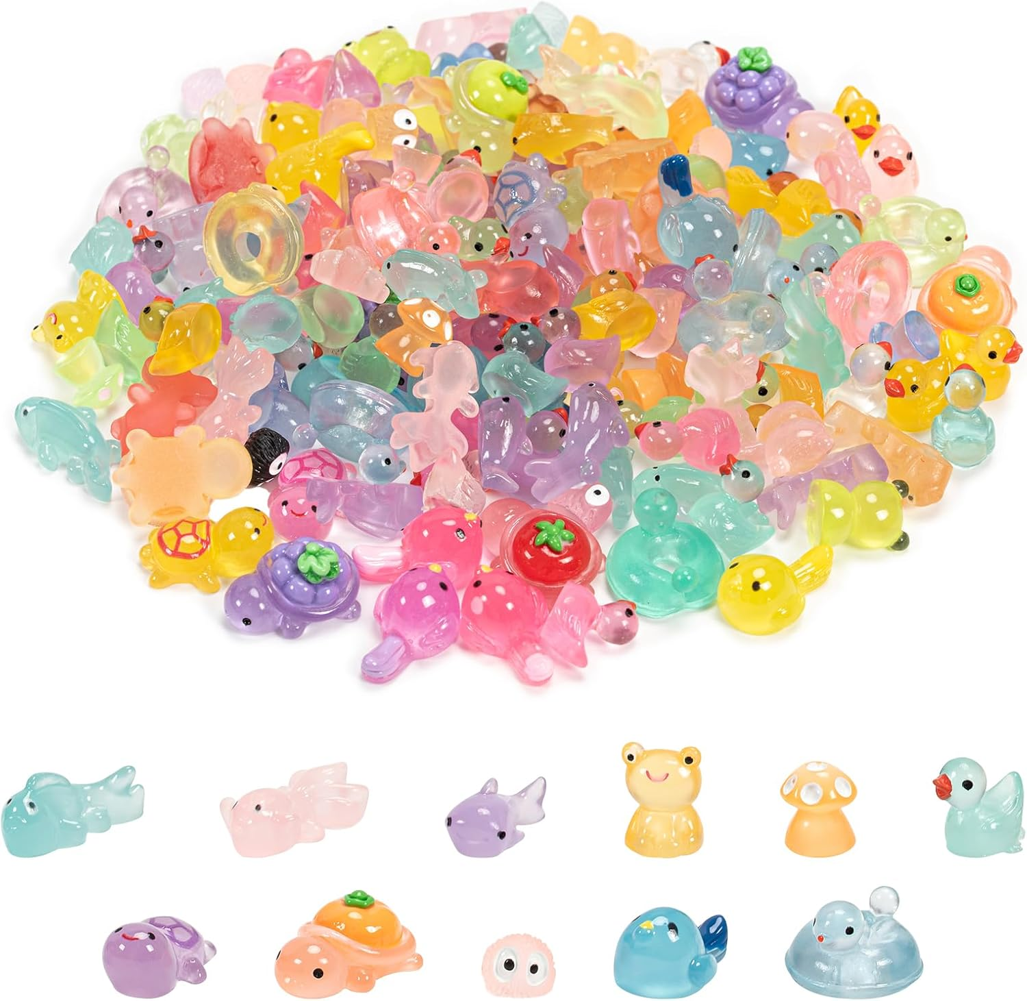 150 PCS Luminous Resin Animals Mixed, Glow in the Dark Mini Turtles Mini Ducks f