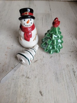 Snowman tree salt pepper shaker butter spreader Xmas set decor