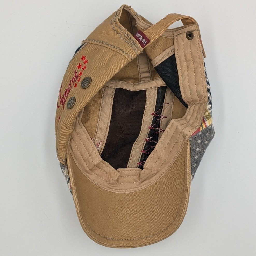 Patchwork Flat Cap Newsboy Hat Tan Plaid Embroide… - image 2