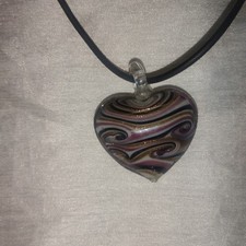 Handcrafted Lampwork Art Glass Heart Pendant On Cord Necklace Black White Gold