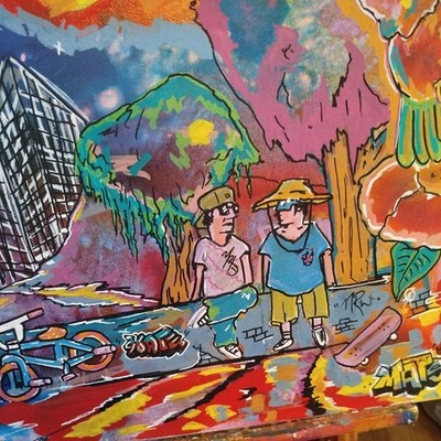 Urbanlife BMXer & Skater Chilln LSDStyle Skyline Graffiti Unikat Gemälde 40x29,5