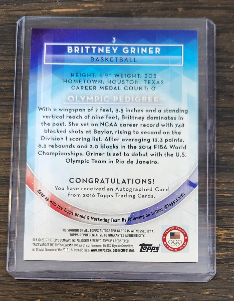 2016 Topps U.S. Olympic & Paralympic Brittney Griner Silver Auto Autograph #/30 - Image 2 of 2