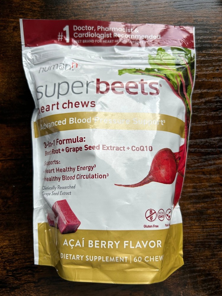 humanN SuperBeets Heart Chews Advanced 3-in-1 Grape Seed CoQ10 60 ct Exp 08/2025