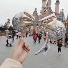 Disney Park Mickey Mouse Sequin Minnie Ears Castle Jewelry Bow Silver Headband