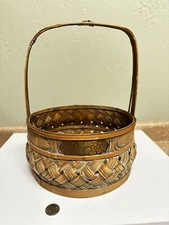 Vintage Large Round Woven Basket w/ Decorative Metal On Border w/Handle