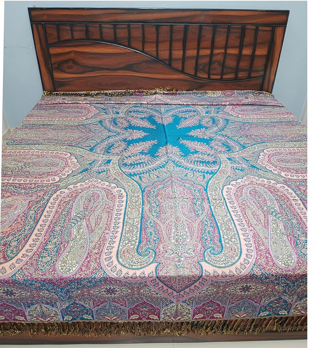 Turquoise Blue King Bedspread – 100% Cashmere Paisley Jamawar – Decorative Home Cover