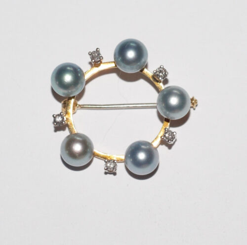alte vintage Brosche rund blaugraue Perlen / Brillanten 585 Gold TOP rar - A0136 - Bild 1 von 5