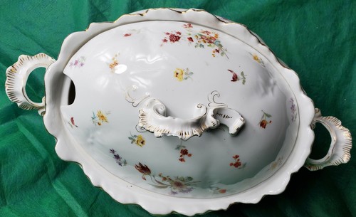 Large Antique Carlsbad Austria Porcelain OVAL SERVER & LID Purple Flowers Vintag - Picture 2 of 12