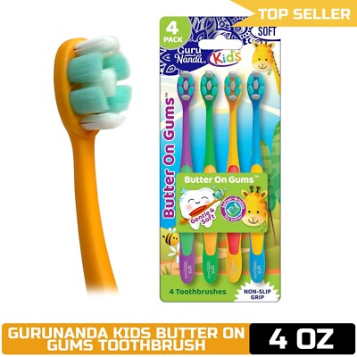 GuruNanda Kids Toothbrush 4 Pack Extra Soft Bristles - Ergonomic Grip, Multi-Col