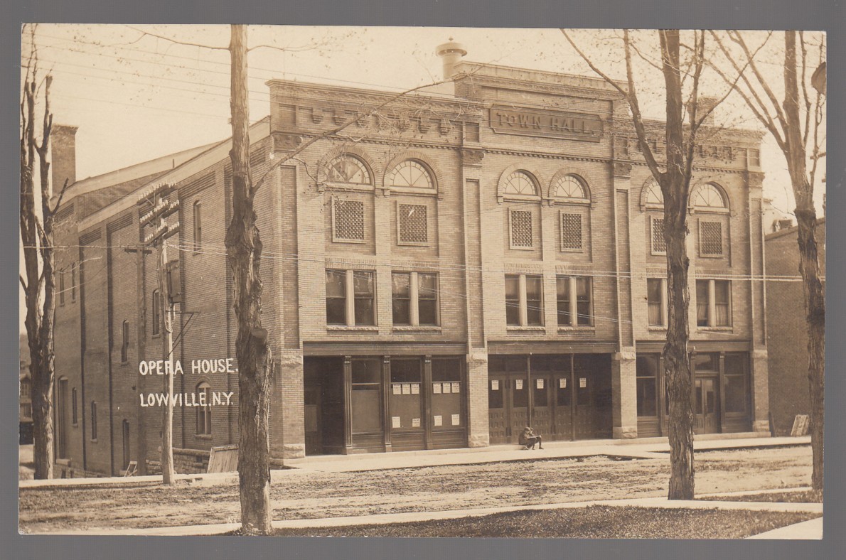 Real Photo Postcard Opera House & Town Hall on Top in Lowville, New