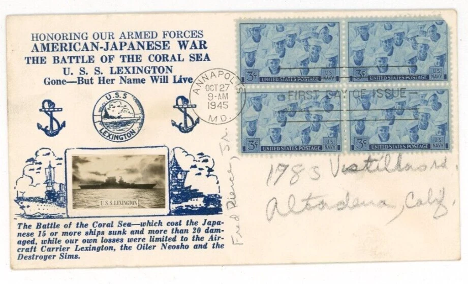 1945 Foto Real Cubierta Postal USS Lexington CV2 Lady Lex Coral Sea Battle Segunda Guerra Mundial Foto 2 de 3