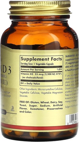 Solgar - Vitamin D3 (Cholecalciferol) 2,200 IU, 100 Vegetable Capsules (FFP) - Picture 3 of 6
