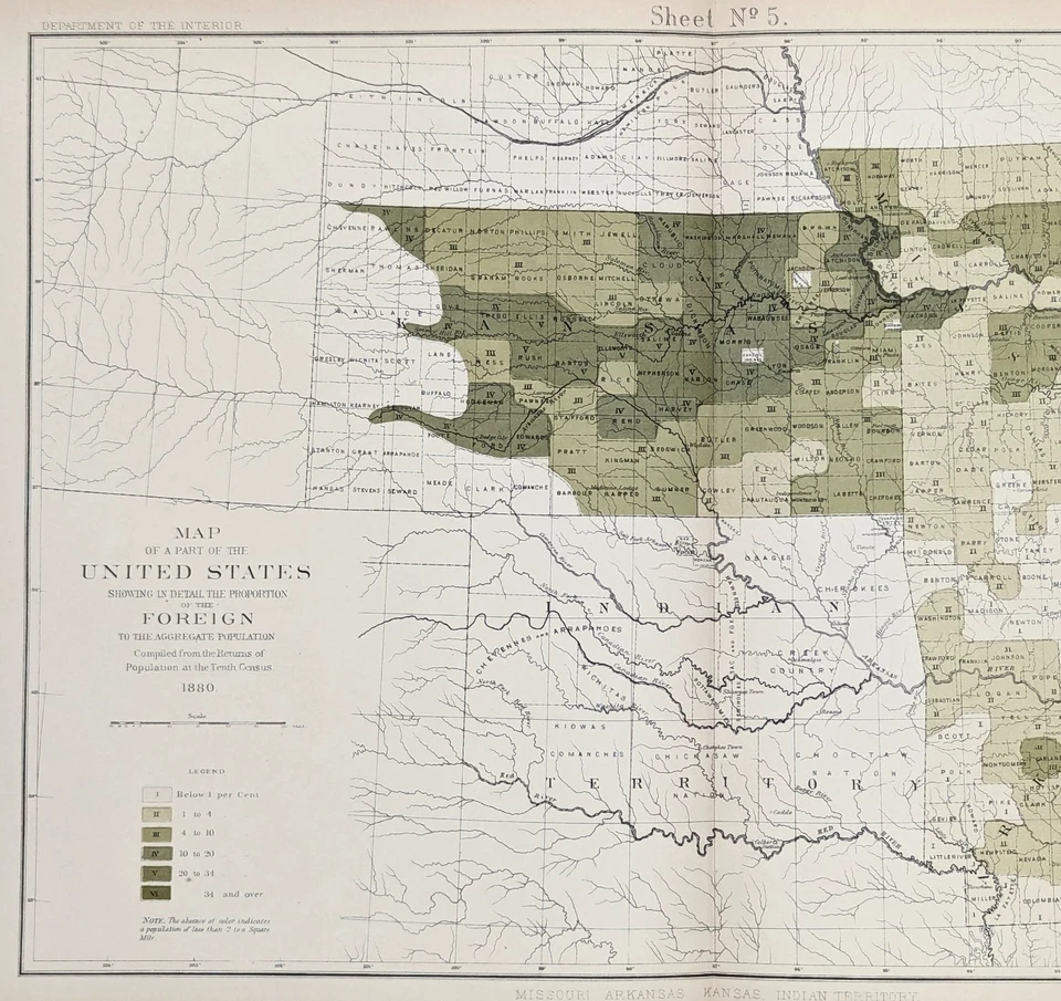 1880 ARKANSAS INDIAN TERRITORY  MISSOURI  Map Original - FOREIGN POPULATION - Image 3 of 3