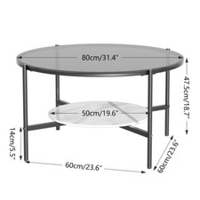 Large Round Coffee Table Accent Side Table with Smoked Glass Top & Marble Shelf