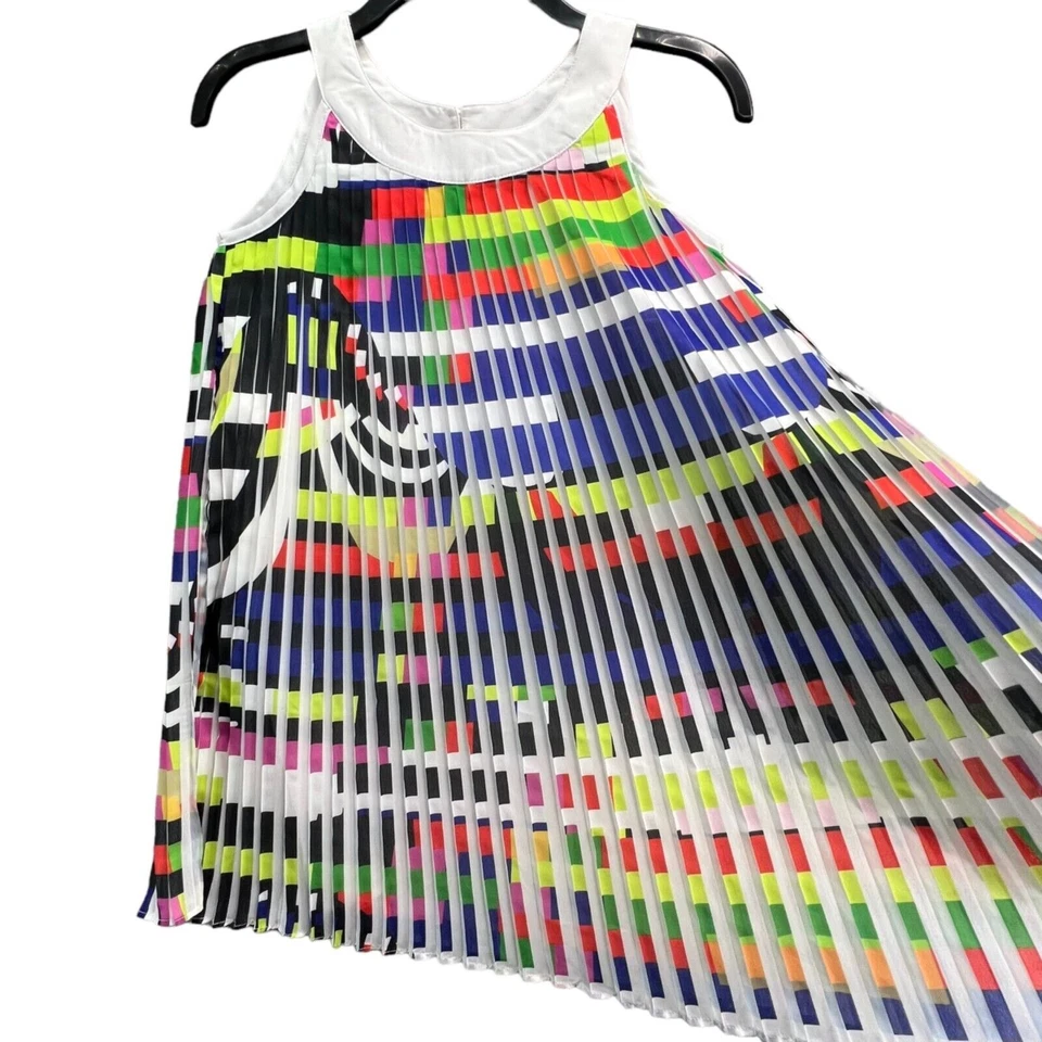Nicole Miller Dress Girls M Rainbow Printed Pleated High Neck Sleeveless Resort - Image 2 of 4