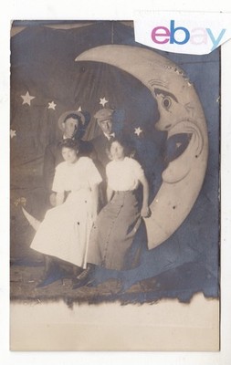 c1910 RPPC PAPER CRESCENT MOON STARS TWO COUPLES VINTAGE PHOTO POSTCARD OLD !!
