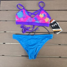 TYR Durafast Womens Panama  Pineapple Twist Top  & SolidBikini Bottom Size S New
