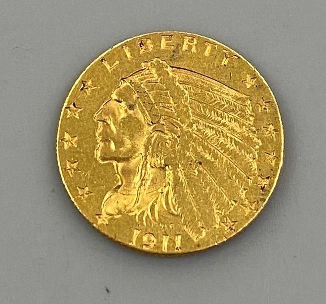 1911 P US $2.50 Gold Indian Coin .1209AGW cleaned/marks L25382