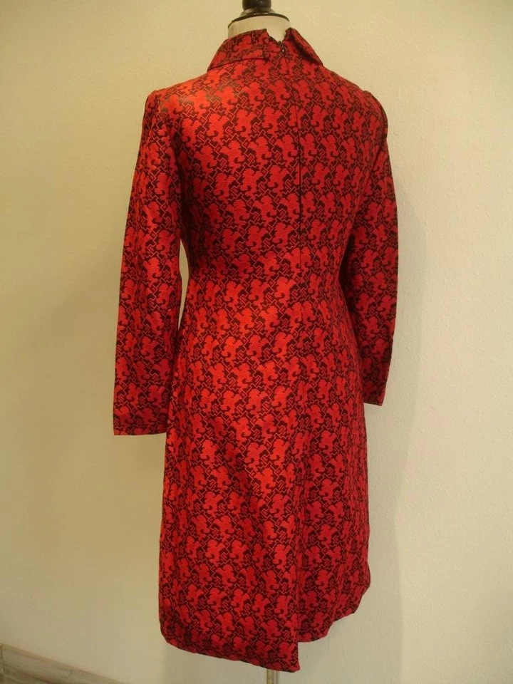 Women's S M Vtg 1960's Adele Simpson Red Black Brocade Dress Bow Union Made USA - Image 4 of 4