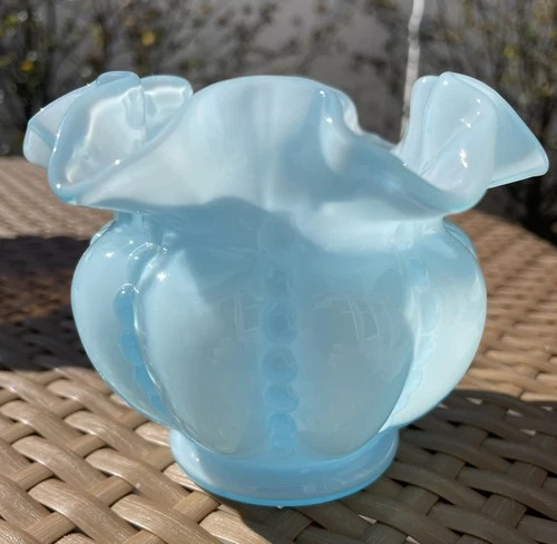 Fenton Blue Overlay 3.5 Inch Beaded Melon Vase. No Damage.