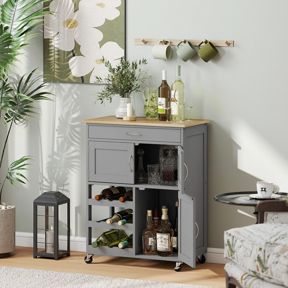 HOMCOM Rolling Kitchen Island Trolley Storage Cart w/ Rubberwood Top, Grey - Image 2 of 4