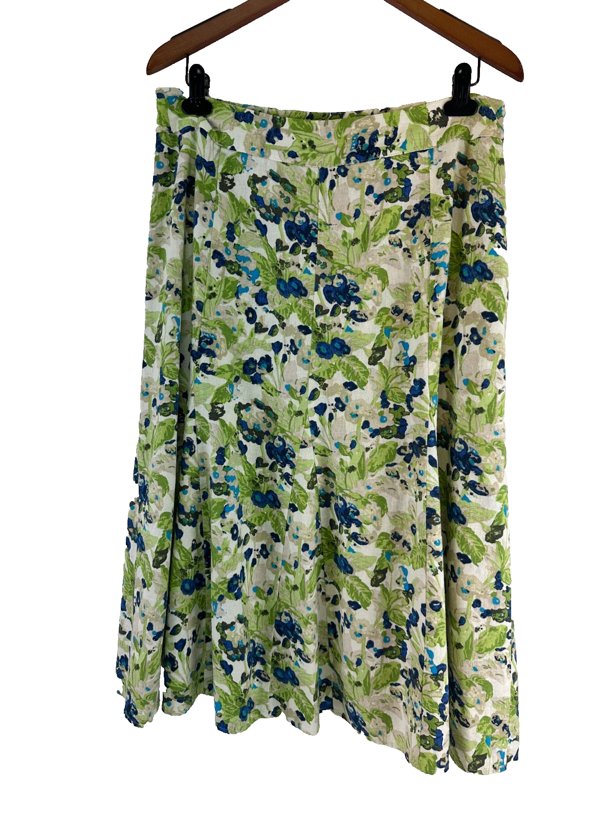 Christopher Banks Linen Blend Midi Skirt Flare Blue Green Floral Zip Womens 14
