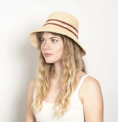 Wyeth Ensley Raffia Straw Bucket Hat Natural Burgundy Stripe  display picture 2