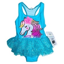 Flapdoodles Little Girls 1 Piece Sequin Unicorn Aqua Blue Swimsuit NWT