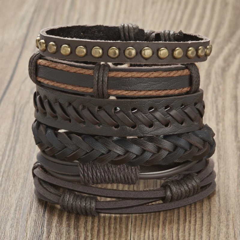 6pcs Mens Punk Leather Wrap Braided Bracelet Wristband Bangle Cuff Jewelry Gift - Imagem 4 de 4
