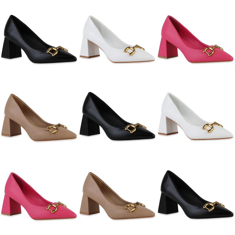 MARKENLOS Damen Klassische Pumps Blockabsatz Spitze Ketten Schuhe 839877 Mode