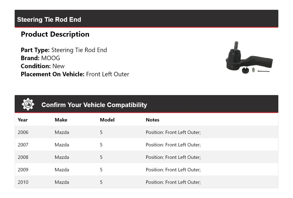 Para 2006-2010 Mazda 5 extremidade da haste de direção dianteira esquerda externa MOOG 2006 2007 2008 - Imagem 2 de 4