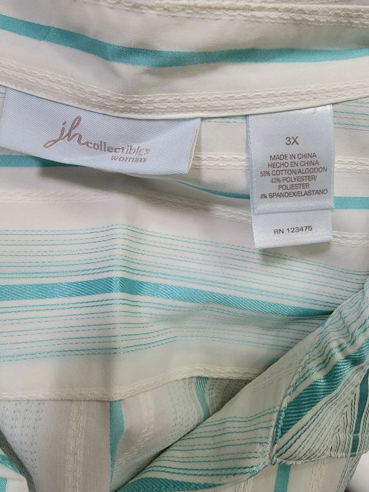 Camisa Top Blusa Mujer JH Collectibles Talla 3X Verde Blanco Rayas Foto 2 de 4