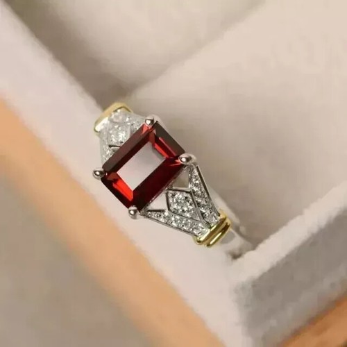 4Ct Emerald Cut Lab Created Garnet Diamond Ring 14K Tow Tone Plated Silver - Picture 5 of 6