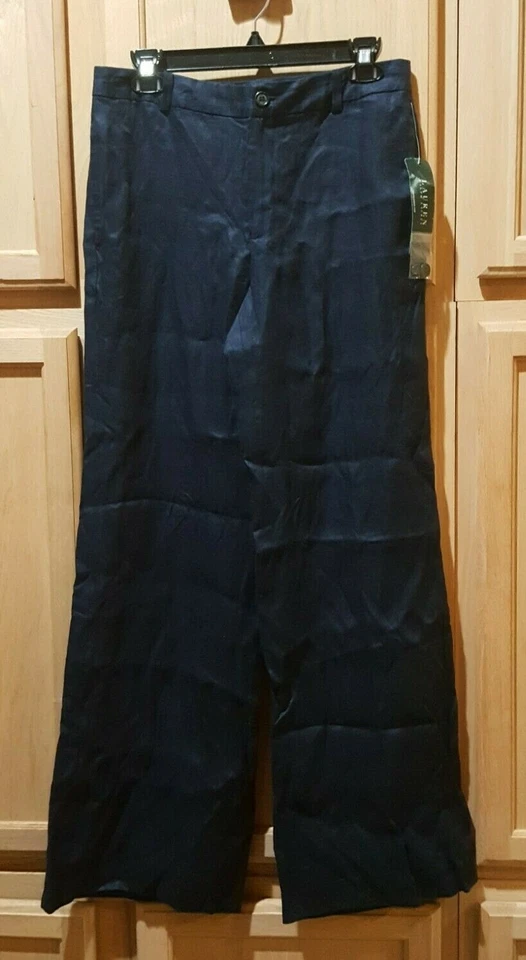 Lauren Ralph Lauren 2000610911M6 Navy Linen Wide-Leg Trouser Pants, 4R