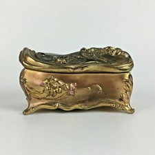 Antique Victorian Art Nouveau Jewelry Casket Box Gold Tone Flower Bird Silk Gift
