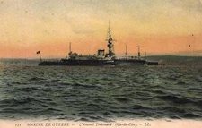 Postcard French Navy c1907 cruiser ironclad Amiral Tréhouart Lovely Art Sunset