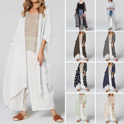 Womens Summer Holiday Kimono Cardigan Beach Open Front Top Long Coat Cover Up US - Picture 3 of 25