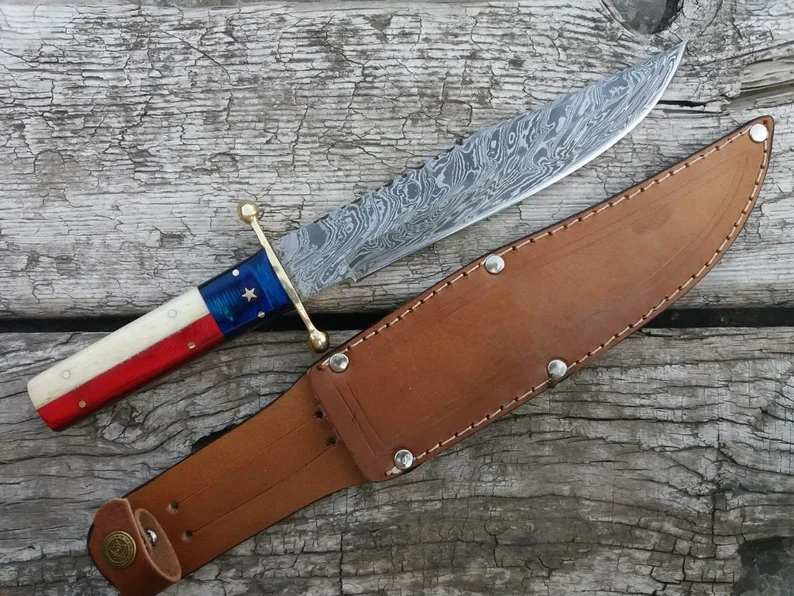 Custom Handmade Damascus steel handmade Bowie with Texas USA flag handle